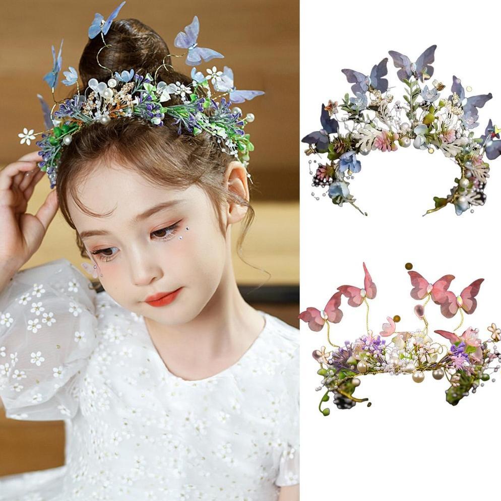 BESTPROMO TOPI PERI KUPU-KUPU, HIASAN RAMBUT MAHKOTA BUNGA BIRU UNTUK ANAK PEREMPUAN, MAHKOTA PESTA 