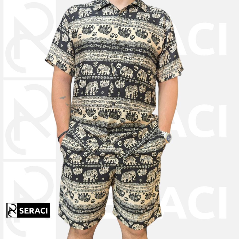 HOT DEALS SERACI - one set atasan kemeja pria dan wanita setelan celana pendek hawaii daily outfit p