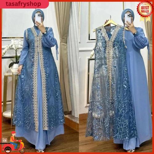 Gamis Brokat Naura Dress 2In1 Busui Wudhu Friendly Inner Ceruty Adem + Outer Brokat Premium Elleova 