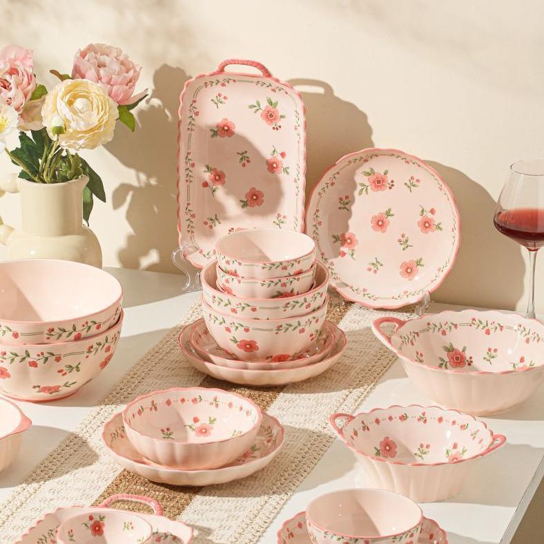 favorit ashome piring keramik makan motif franc series soft pink bloom / piring makan jepang / pirin