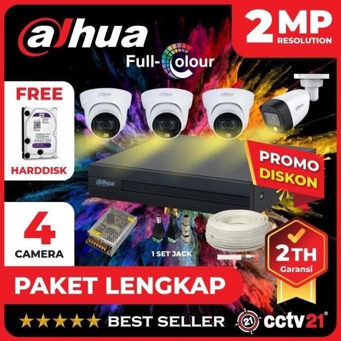 Paket CCTV DAHUA FULL COLOR Colorvu 2MP 4CH 4 Channel Kamera Lengkap