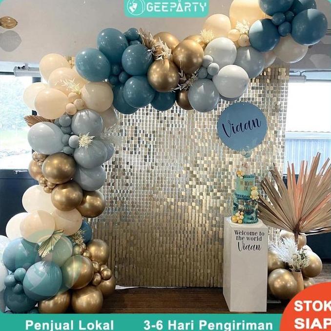 142 pcs Karangan Bunga Balon Biru Tua Retro Set Balon Garland Putih Pasir Biru Kabut untuk Dekorasi 