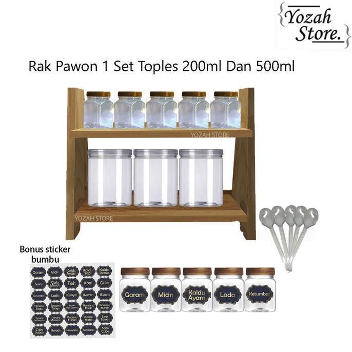 Rak Kayu Bumbu Dapur 1 Set Toples Bonus 30 Nama Sticker Bumbu / Tempat Bumbu Dapur Kayu 1 Set toples