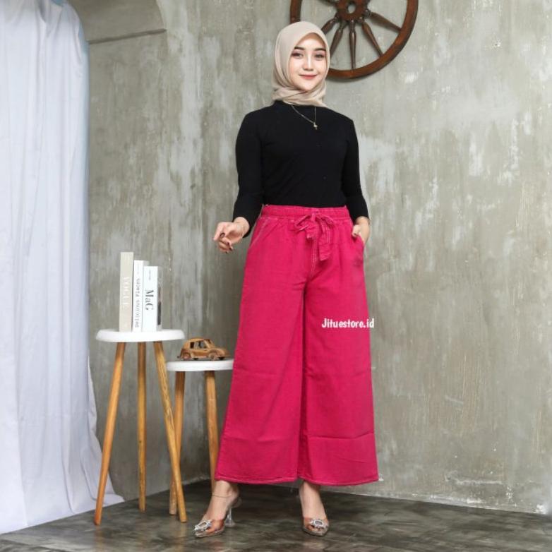 Terbaru Kulot Jeans Pinggang Karet, Kulot Jeans Putih Hitam, Kulot Mozza Pinggang Karet Sage Cream M