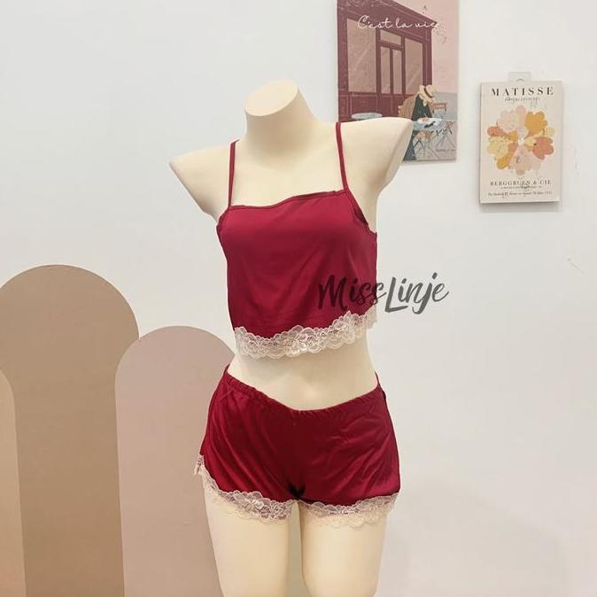 Setelan Baju Tidur Lingerie Satin Set Croptop Dan Hotpants Celana Pendek Premium