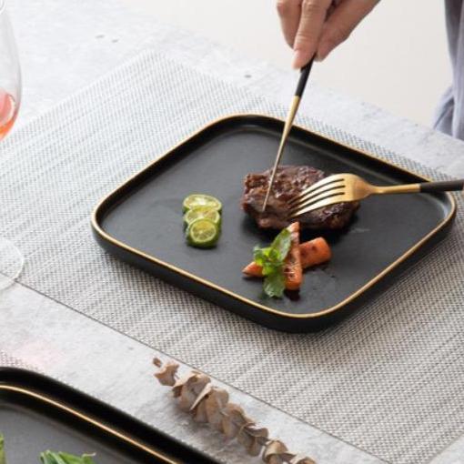 TERLARIS Black Matte Square Gold Plate / Piring Saji Makan Steak Hitam Keramik Matte Kotak gratis on