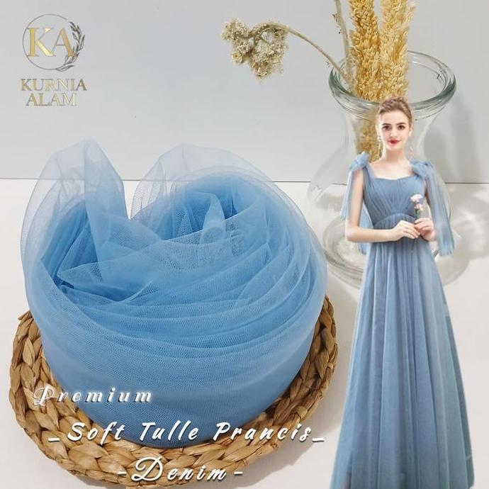 Soft Tulle Prancis Premium Mewah Halus Jatuh WARNA DENIM Bahan Dress, Gaun Lebar 170cm