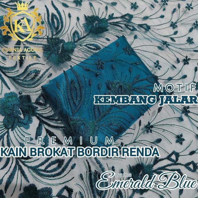 1/2 Meter Bahan Kain Brokat Motif Kembang Jalar warna EMERALD BLUE GREEN TURQUISE Premium Seragam Dr