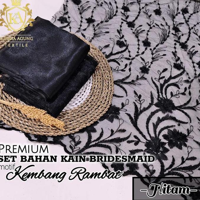 1/2 Meter Kain Brokat Bordir Warna BLACK / HITAM Motif Kembang Rambat Premium Mewah Meteran