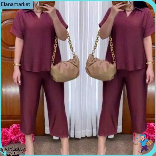 Yusa Baju Wanita One Set Kekinian Setelan Atasan Lengan Pendek Dan Celana Panjang Bahan Katun Polos 