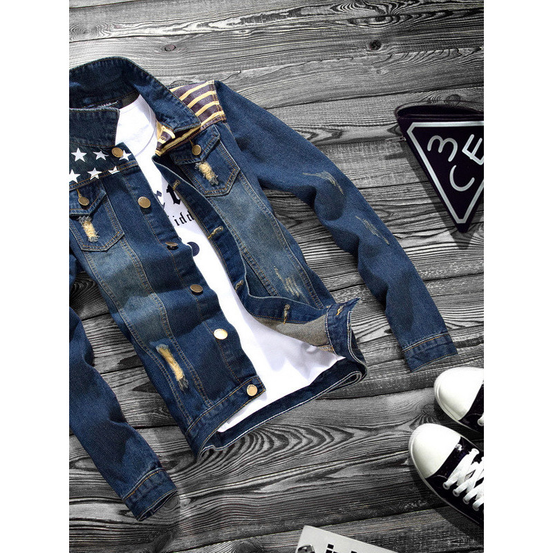 Wholesale 2020 Men's spring jacket men's Korean USA Flag printed hole lapel denim jacket hombre men'