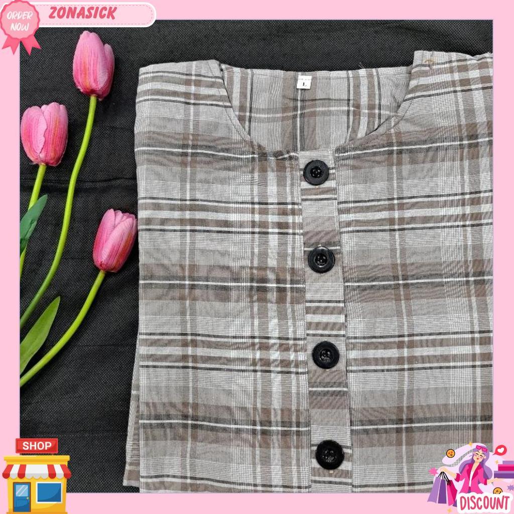 Gamis Casual Motif Kotak Full Kancing Produk Unggulan
