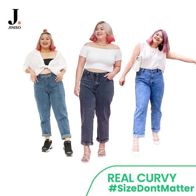 REAL CURVY - JINISO Jumbo Boyfriend Celana Jeans Wanita Warna Denim HighWaist