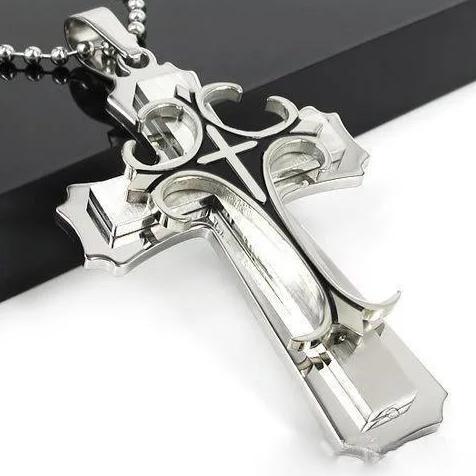 Youboy- Kalung Salib Pria 3 Lapis V2 Keren Unik Untuk Kristen / Aksesoris Kalung Rantai Liontin Sali