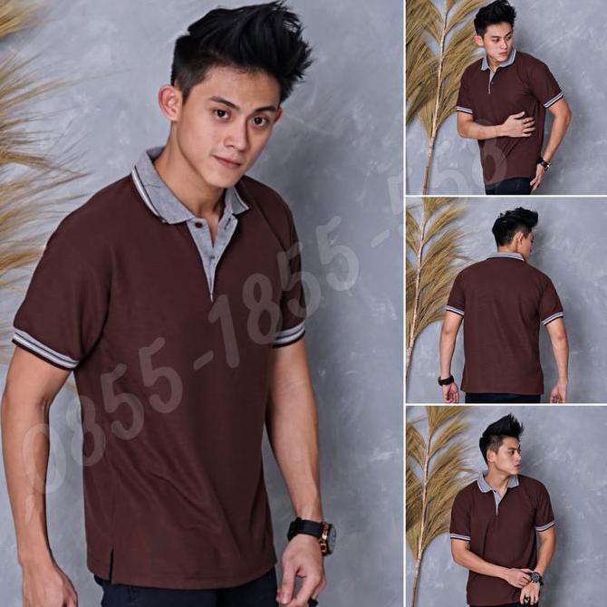 DV34 - Kaos polo Coklat Kerah Abu / kaos kerah / poloshirt / Baju Bordir Sablon Cowok Cewek Seragam