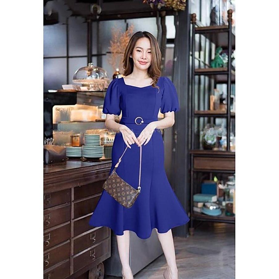 BEST SELLER  Gaun Midi Bodycon Scuba Ikat Pinggang Sandra Dewi Mewah Cantik Anggun Korea - Hitam - W