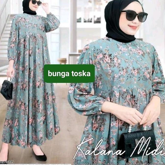 HARGA PRODUK MIDI DRESS WANITA RAYON MOTIF // KOLINDA MIDI DRESS MOTIF BUNGA  Gamis Muslim HARGA PRO