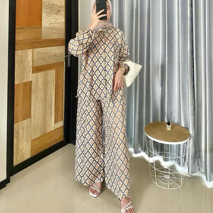 OOTD Etnik Set Rayon Motif Pakaian One Set Celana Kulot Atasan Kemeja Lengan Balon OOTD