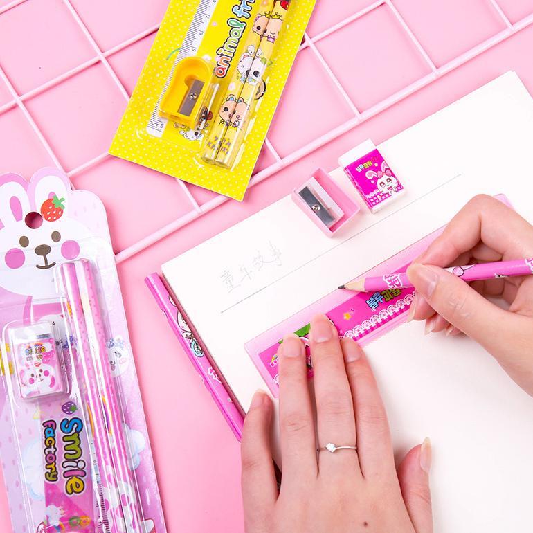 TERBARU HOPTECH Set Alat Tulis Cocok Untuk Tempat Pensil Buku Tulis Kartun Pengserut Penghapus Pengg