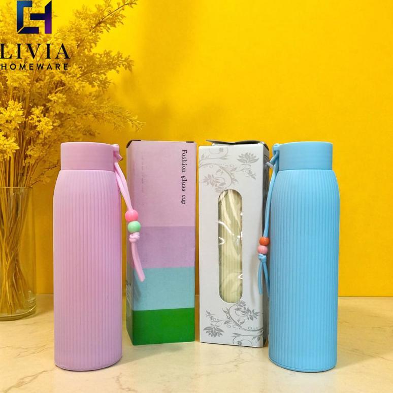 CUCI GUDANG Tumbler Botol Kaca Lapis Plastik Warna Aesthetic Manik Korea Macaron Pastel Tali Gandul 