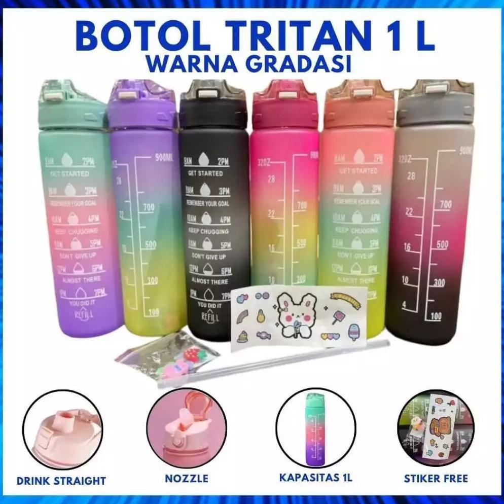 NEW PROMO Botol Minum 1 Liter Botol Minum Gradasi Sport Tumblr Bottle Motivasi Tempat Air Minum Trit