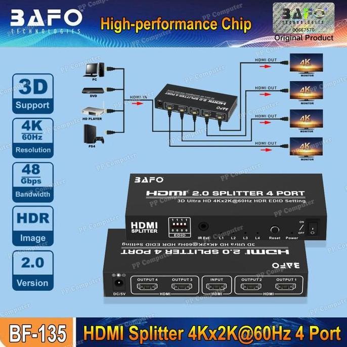 TERLARIS BAFO HDMI SPLITTER 4 PORT HDMI HUB 4PORT SUPPORT 4KX2K  30 / 60 HZ BF-131 BF- 132 BF-135