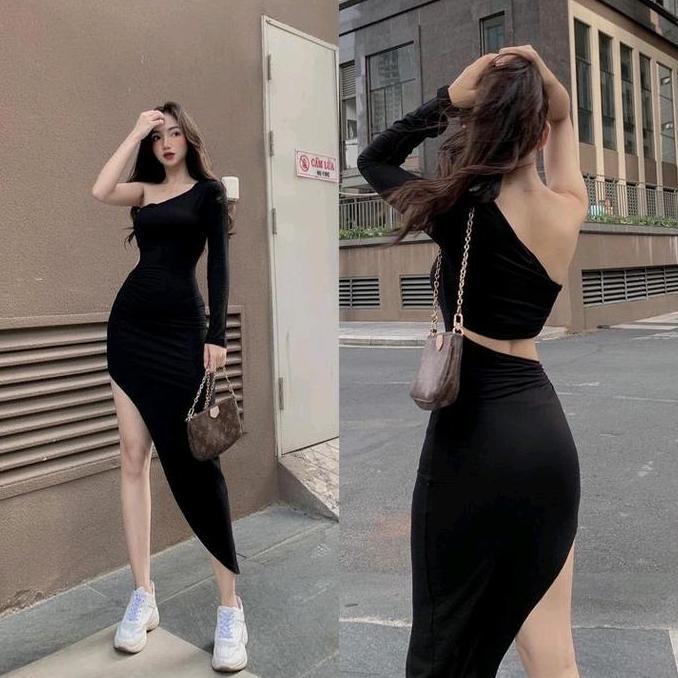 DRESS ONE SHOULDER ASYMETRIS STRECH Gaun Pesta Wanita Kekinian Hitam Casual Midi Panjang Mini Baju S