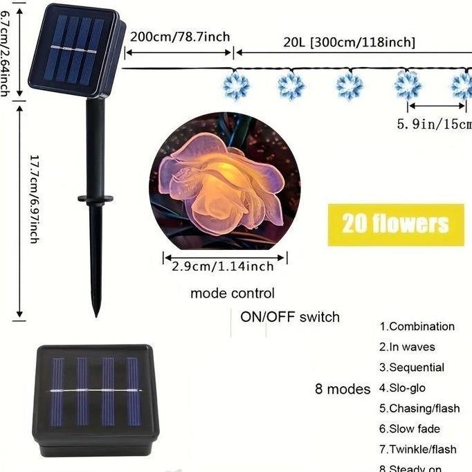 BOTOF Lampu Hias LED Tenaga Surya Bentuk Mawar / Lampu String Peri Tenaga Surya / Lampu Dekorasi Tam