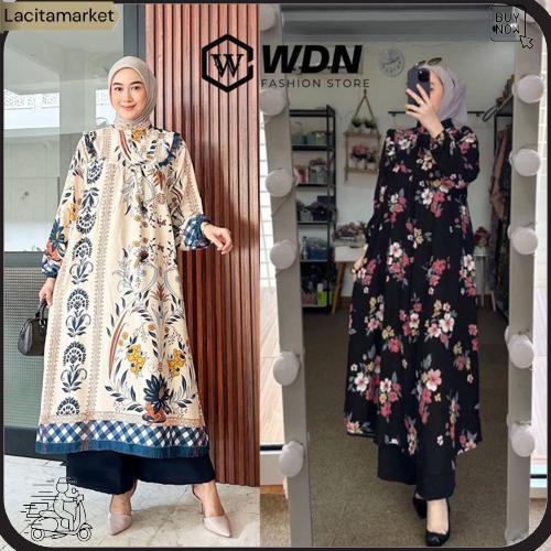 Setelan Midi Katun Delvina Mix Pants / Oneset Setelan Tunik Rayon Premium Motif Bunga Busui Celana K