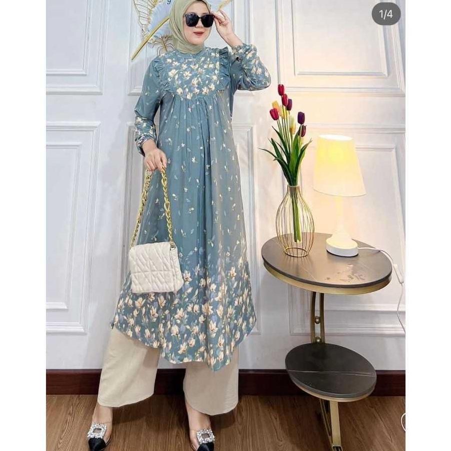 Aurey - oneset long tunik wanita namira setelan tunik panjang rayon busui setelan celana lengan panj