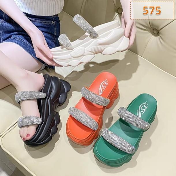 Sandal Selop Wanita Permata Webing Twoline Tinggi Sole 7 cm Hitam Hijau Oren Putih (AP24) [S2]