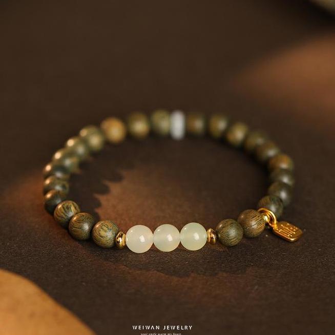 Sprintt Sl010 Gelang Kayu Cen Hijau Giok Putih Liontih Fu Emas Kebahagiaan Gelang Tangan Pria Wanita