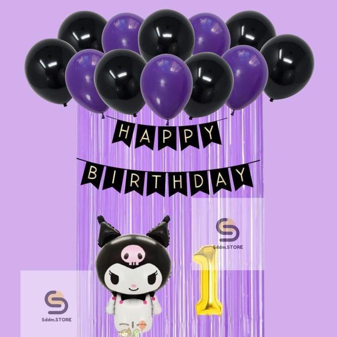 gavamanis - paket set dekorasi ulang tahun tema balon kuromi dengan banner tirai dan balon warna pin