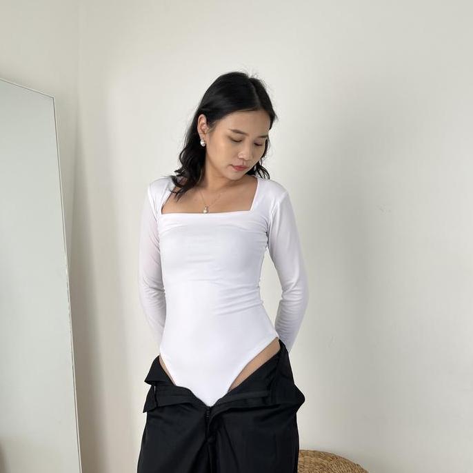 [Lolabae] Miji Xxl Bodysuit Wanita Long Sleeve Leher Kotak | Bodysuit Xxl Basic Polos Lengan Panjang