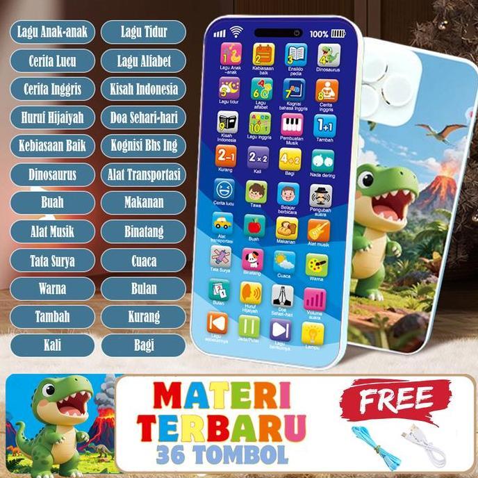 Mainan HP Edukasi Balita Baby Smart Phone Muslim Bersuara 36 Tombol Music Light Bisa Recharge USB