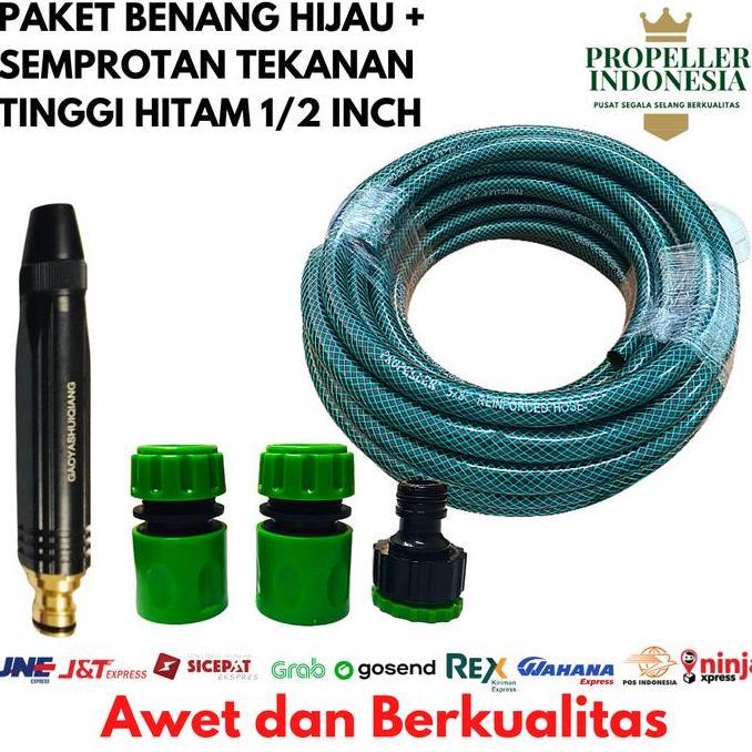 Selang Air 1/2 Inch Benang Hijau Paket Semprotan Air Cuci Motor Hitam