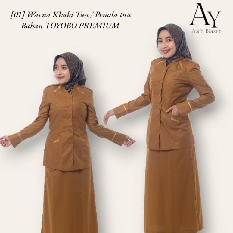 PREMIUM [01] A&Y BLAZER BAJU SERAGAM PEMDA PDH GURU / PNS WANITA WARNA KHAKI TUA & KHAKI MUDA BAHAN 
