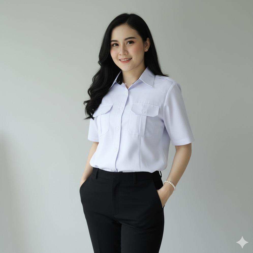 ORIGINAL BAJU DINAS HARIAN PDH PUTIH WANITA LENGAN PENDEK SERAGAM PNS PUTIH WANITA KEMEJA PDH PUTIH 