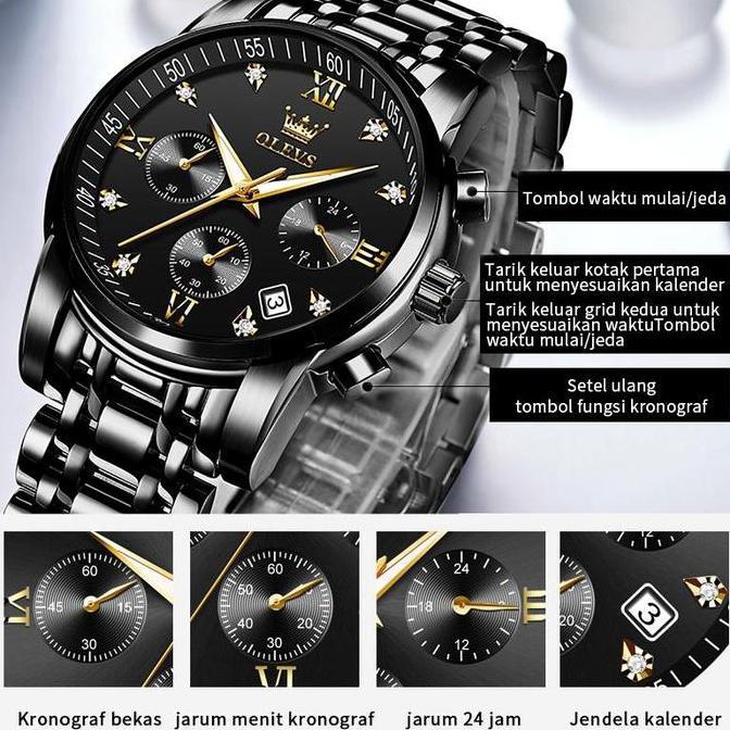 Boshi- Olevs Jam Tangan Pria Anti Air Stainless Steel Chrono Aktif Cowok Luminous Kalender Analog Me