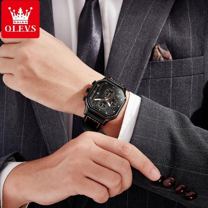 Boshi- Olevs Jam Tangan Pria Anti Air Kulit Tahan Keren Led Hitam Coklat Luxury Chronograph Men Tche