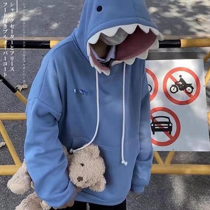 FUNNY SHARK SWEATER HOODIE OVERSIZE - SWEATER JAKET PRIA WANITA COUPLE BORDIR Baju Fleece