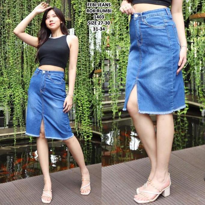 Rok Jeans Stretch Selutut Rawis Belah Depan 27-34