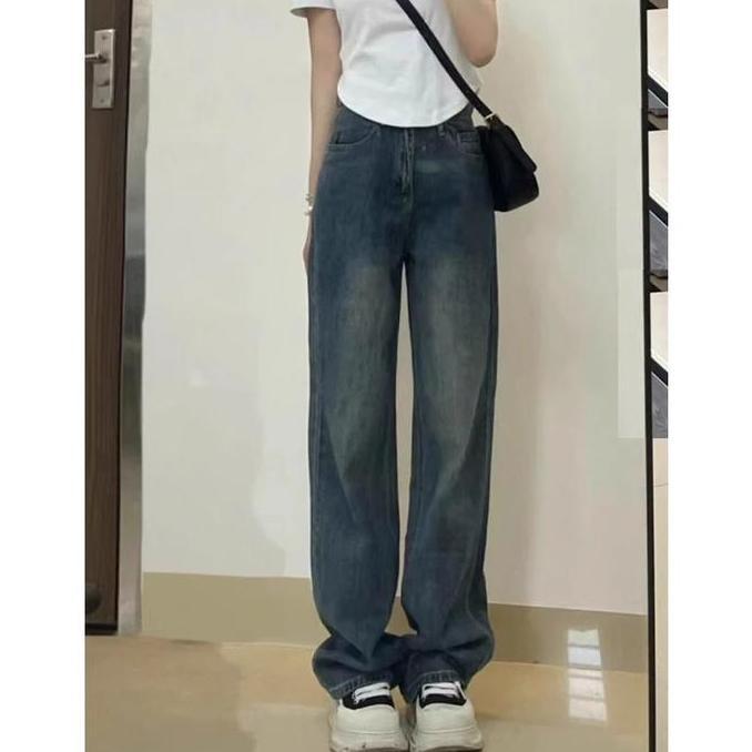 Biru retro Celana jeans wanita Premium Celana jeans lurus longgar ala Korea