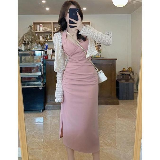 7828 iner dress tanpa lengan hitam  hitam  kekinian prom Buka baju kung fu big size long dress korea