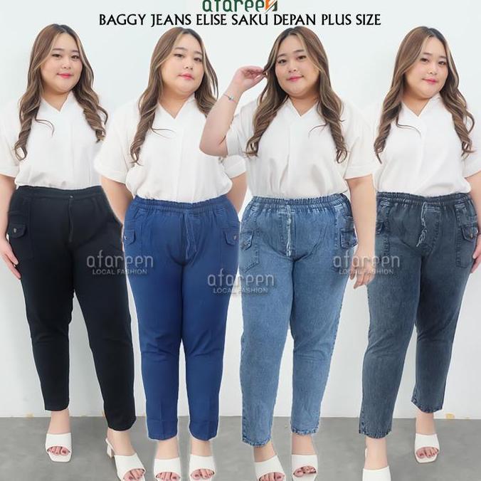 AFAREEN - Kulot Jeans Jumbo Variasi Saku Depan Baggy Jeans Elise Celana Jeans Wanita Pinggang Karet