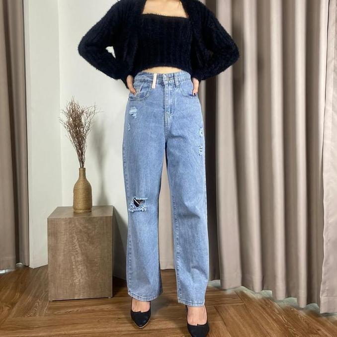 Shenel | Blupink Jeans Celana Jeans Wanita Highwaist Jeans Sobek Ripped Jeans Kulot Panjang Kocek Su