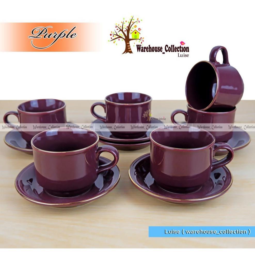 CANGKIR SET WARNA LIST EMAS ( 6 CANGKIR + 6 TATAKAN) // COFFEE SET SANGO KERAMIK // SANGO CUP & SAUC