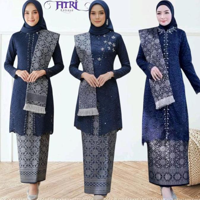 Setelan Kebaya Tunik Payet Brokat Warna Navy Mix Songket Dengan Selendang Wanita Dewasa Atasan Baju 