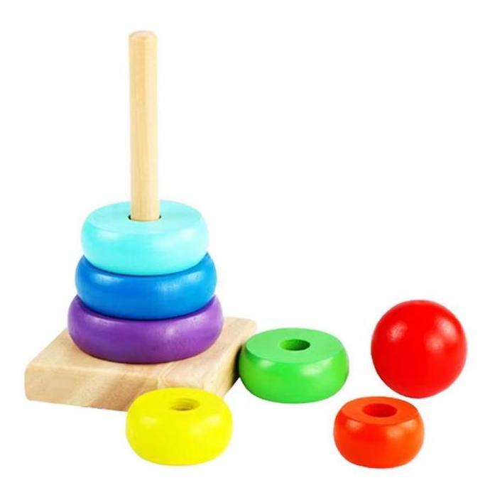 DIMOCAR TM Mainan Edukasi Kayu Wooden Mini Rainbow Tower/ Menara Ring Donat Pelangi T037