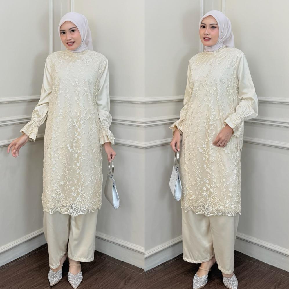 Hot Deals Erica Set Luxury Atasan Dan Bawahan Celana Tunik Baju Brukat Pesta Kondangan